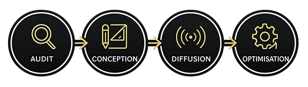 Etapes d'une collaboration avec Strategios : Audit, conception, diffusion, optimisation